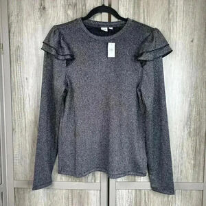 Gap Womens Top Silver Gray Ruffle Shoulder Long Sleeved Size L Holiday NEW